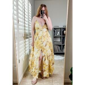 Abercrombie & Fitch Yellow Linen Floral Button Maxi Slip Front Slit Dress Size S